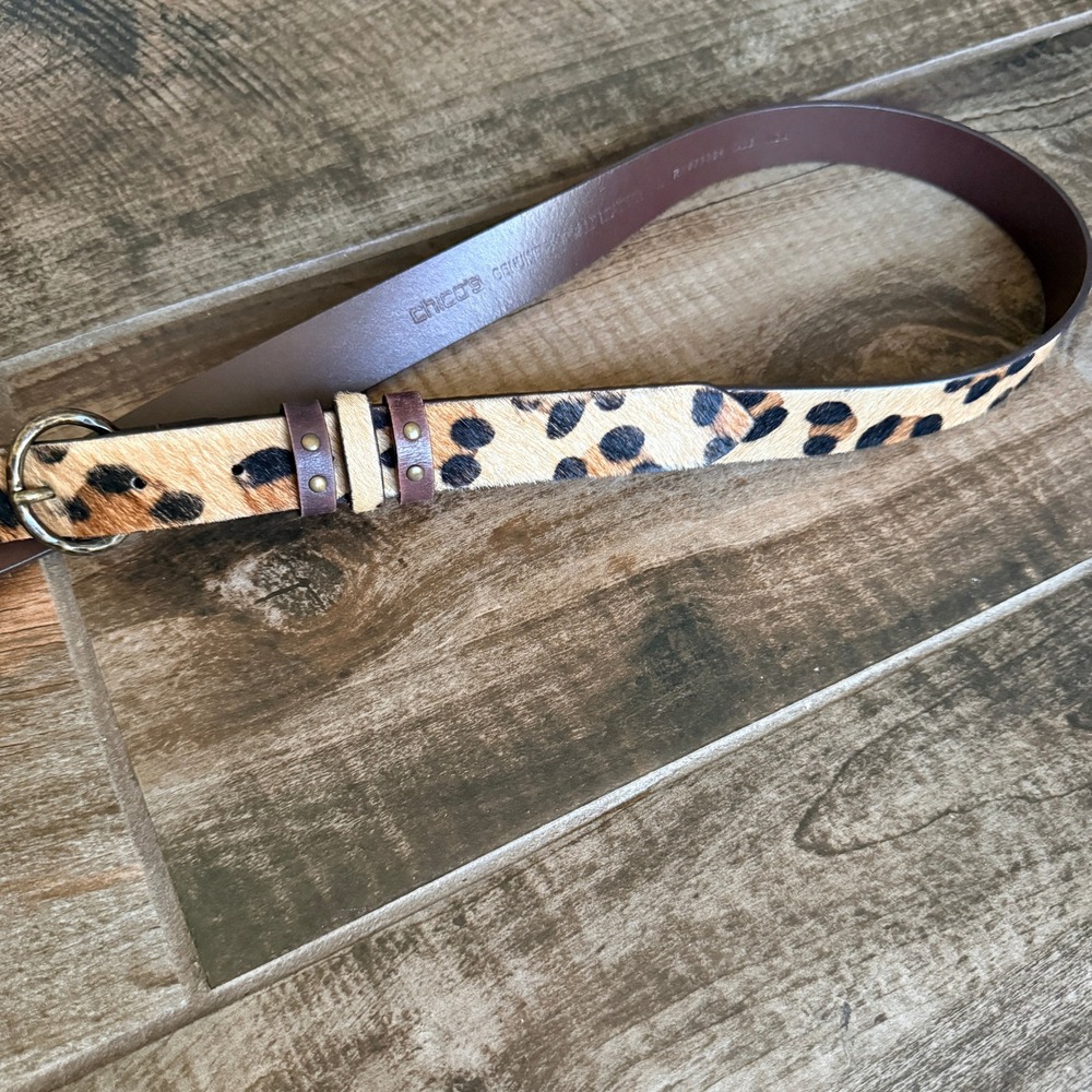 Chicos VTG Womens Leopard Print Calf Hair Leather Brass Buckle Belt, Brown, L/XL